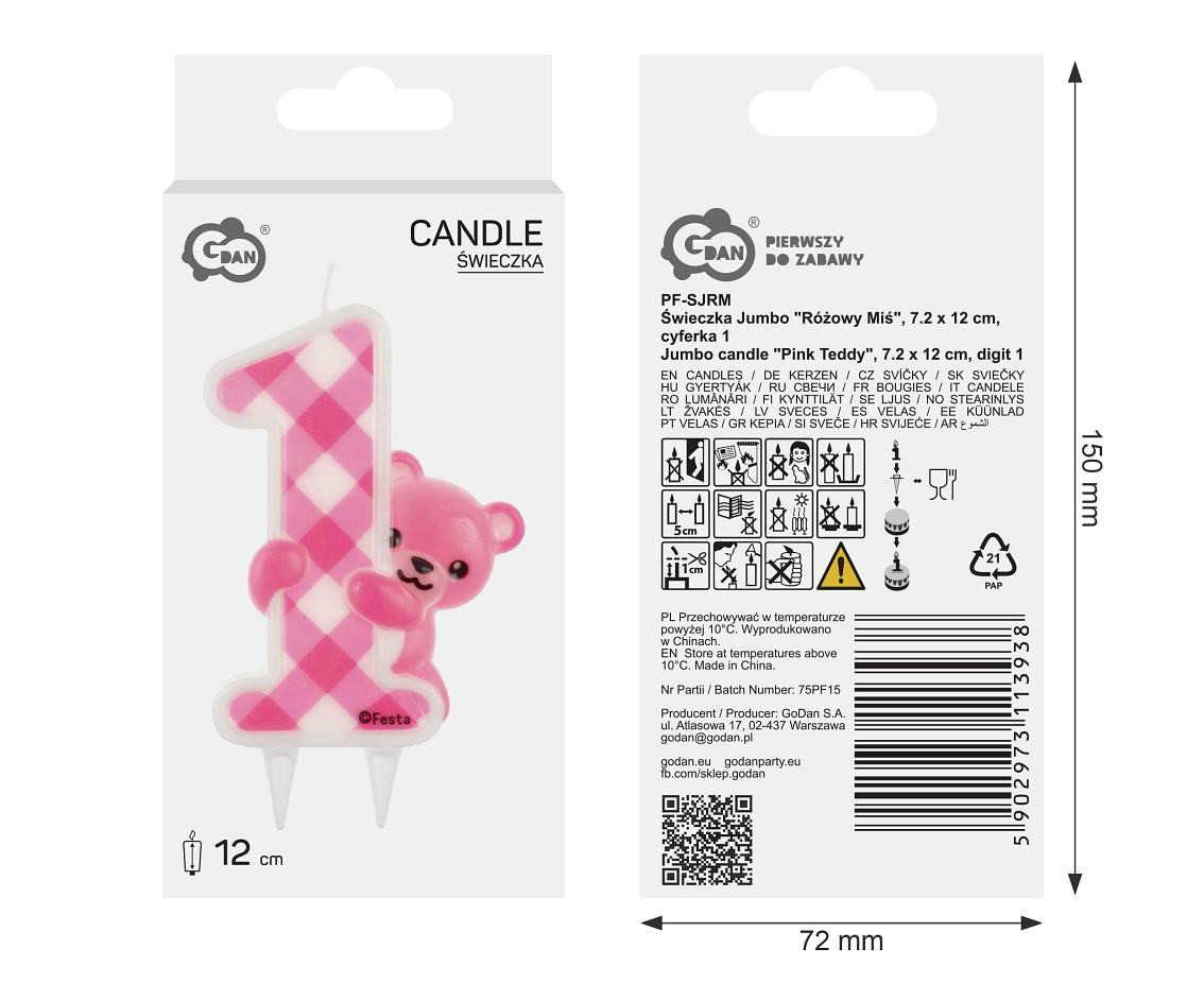 Jumbo candle "Pink Teddy", digit 1