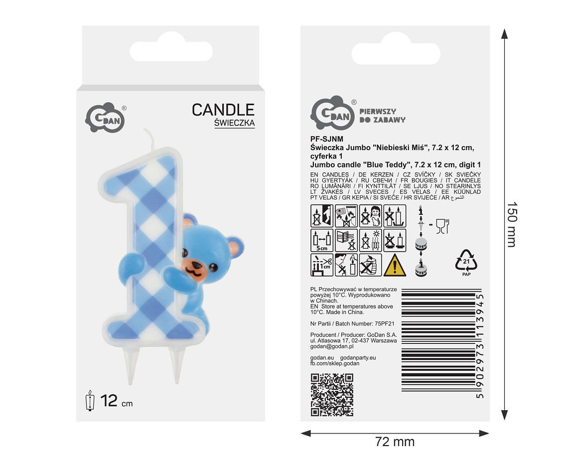 Jumbo candle "Blue Teddy", digit 1