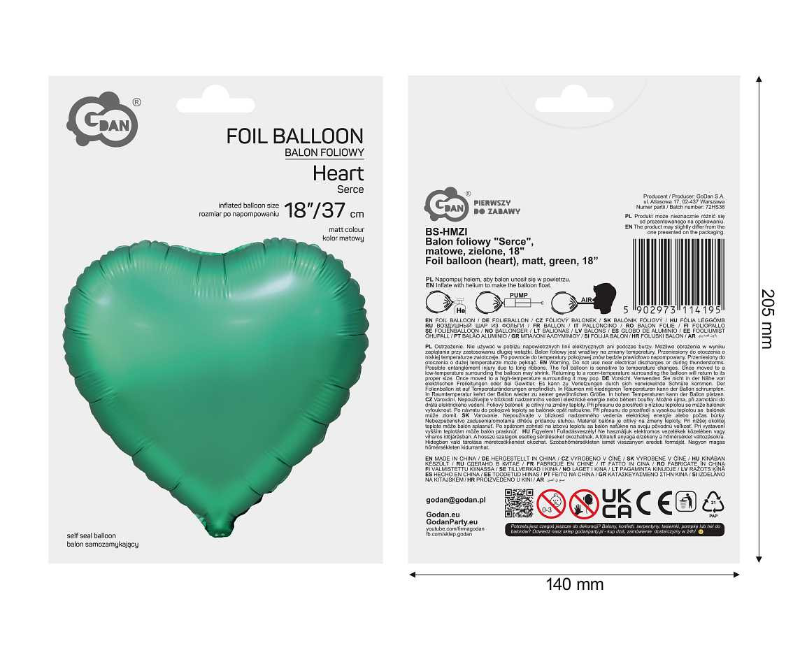 Foil balloon (heart), matt, green, 18 inches EOL