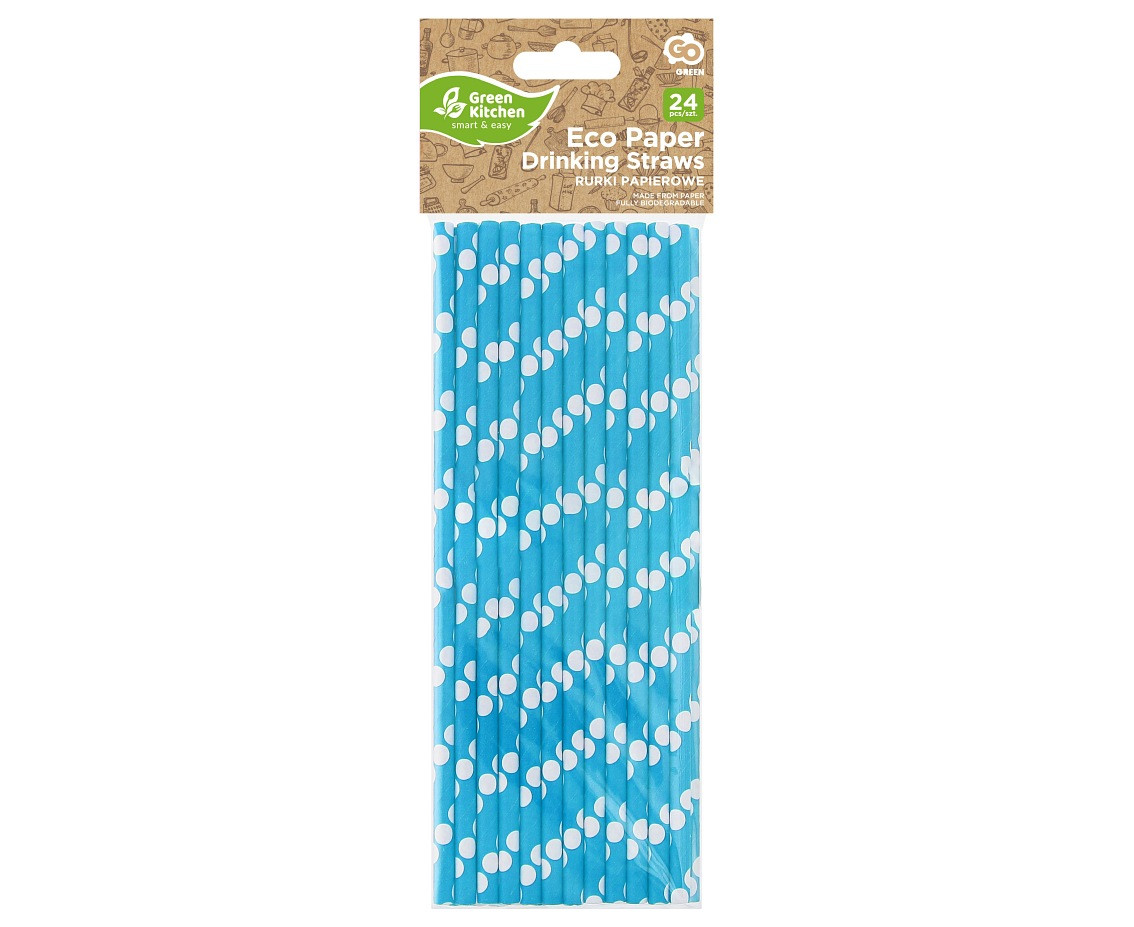 Paper drinking straws, blue, polka dots, 6x197mm / 24 pcs