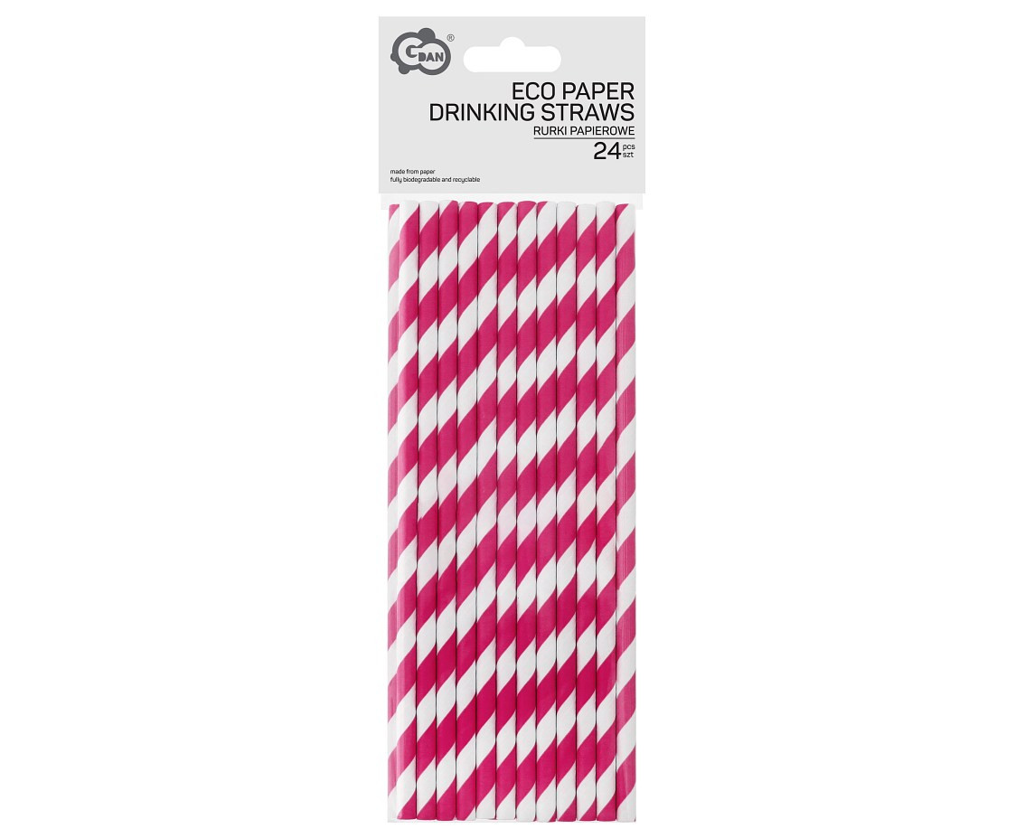 Paper drinking straws, magenta stripes, 6x197mm / 24 pcs