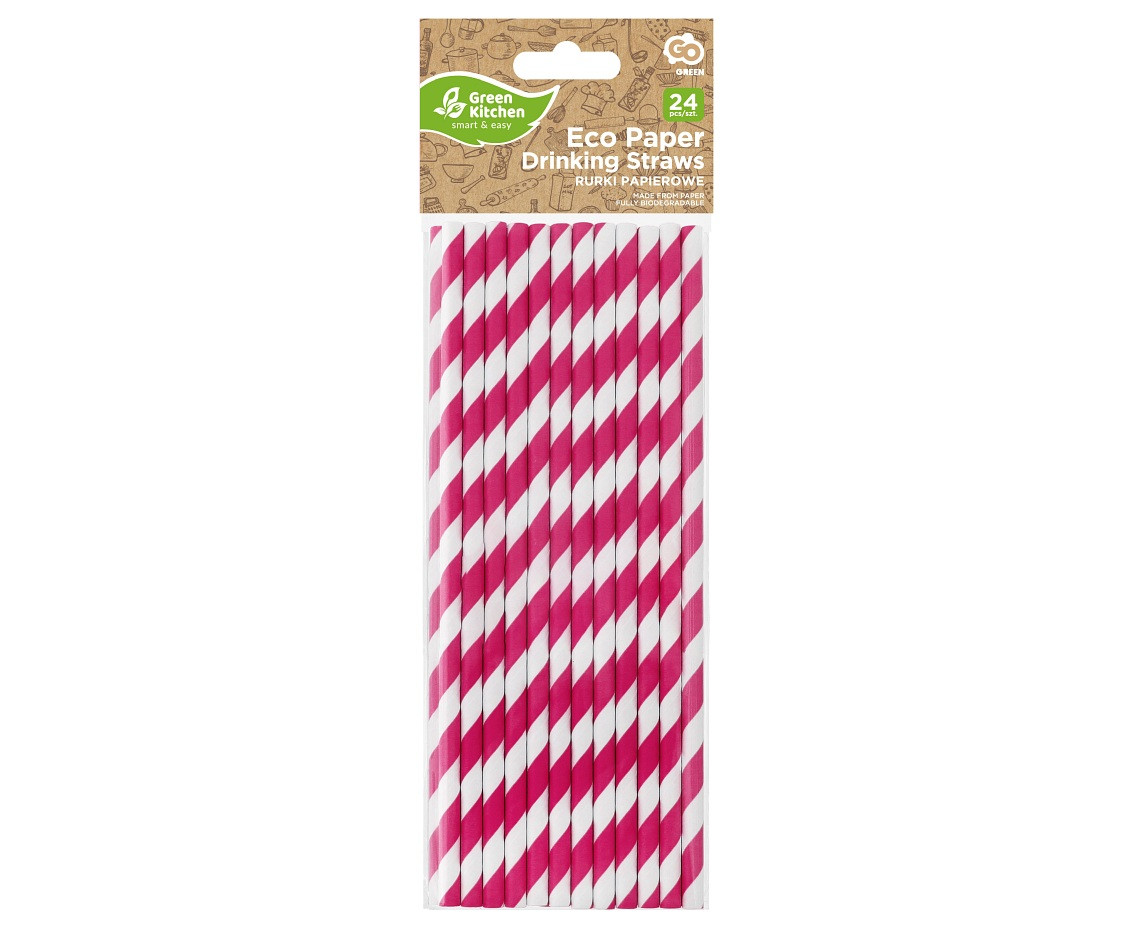 Paper drinking straws, magenta stripes, 6x197mm / 24 pcs