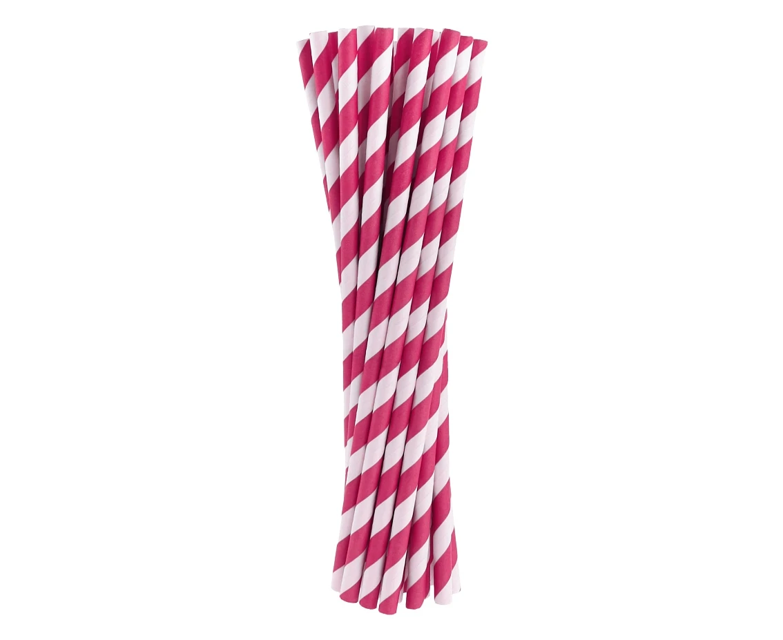 Paper drinking straws, magenta stripes, 6x197mm / 24 pcs