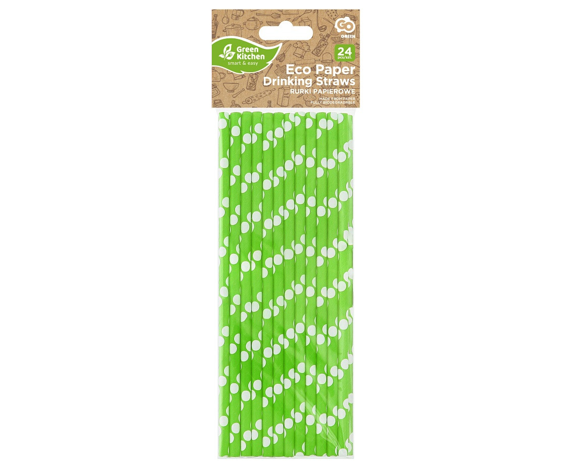 Paper drinking straws, green, polka dots, 6x197mm / 24 pcs