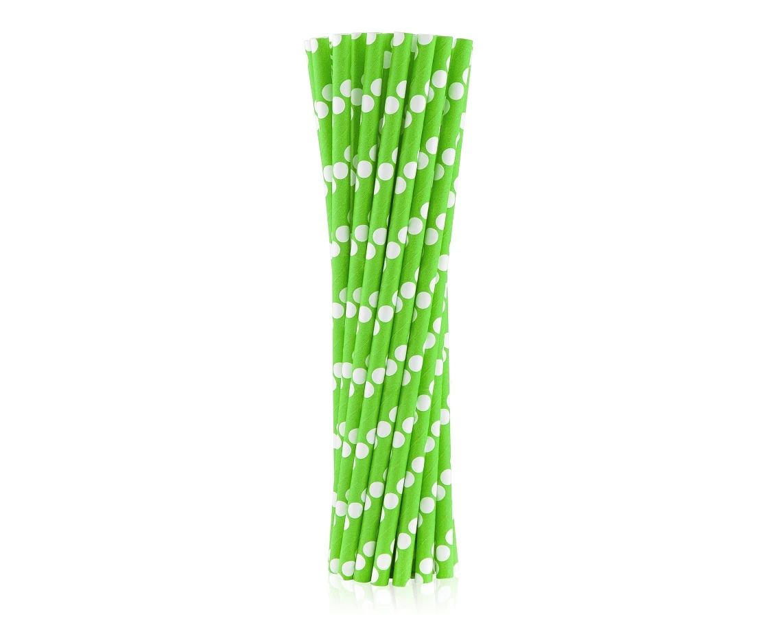 Paper drinking straws, green, polka dots, 6x197mm / 24 pcs