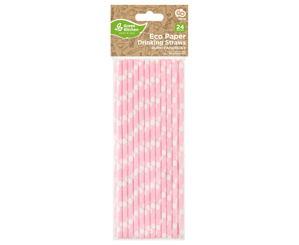 Paper drinking straws, light pink, polka dots, 6x197mm / 24 pcs