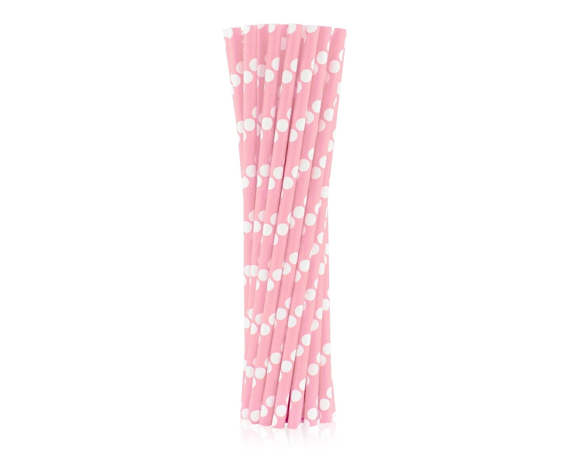 Paper drinking straws, light pink, polka dots, 6x197mm / 24 pcs