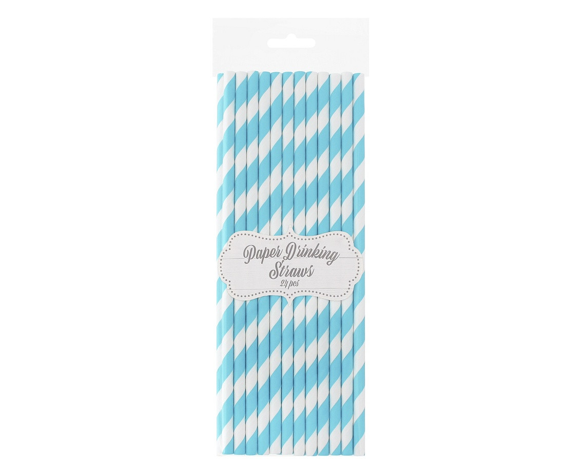 Paper drinking straws, light blue stripes, 6x197mm / 24 pcs EOL