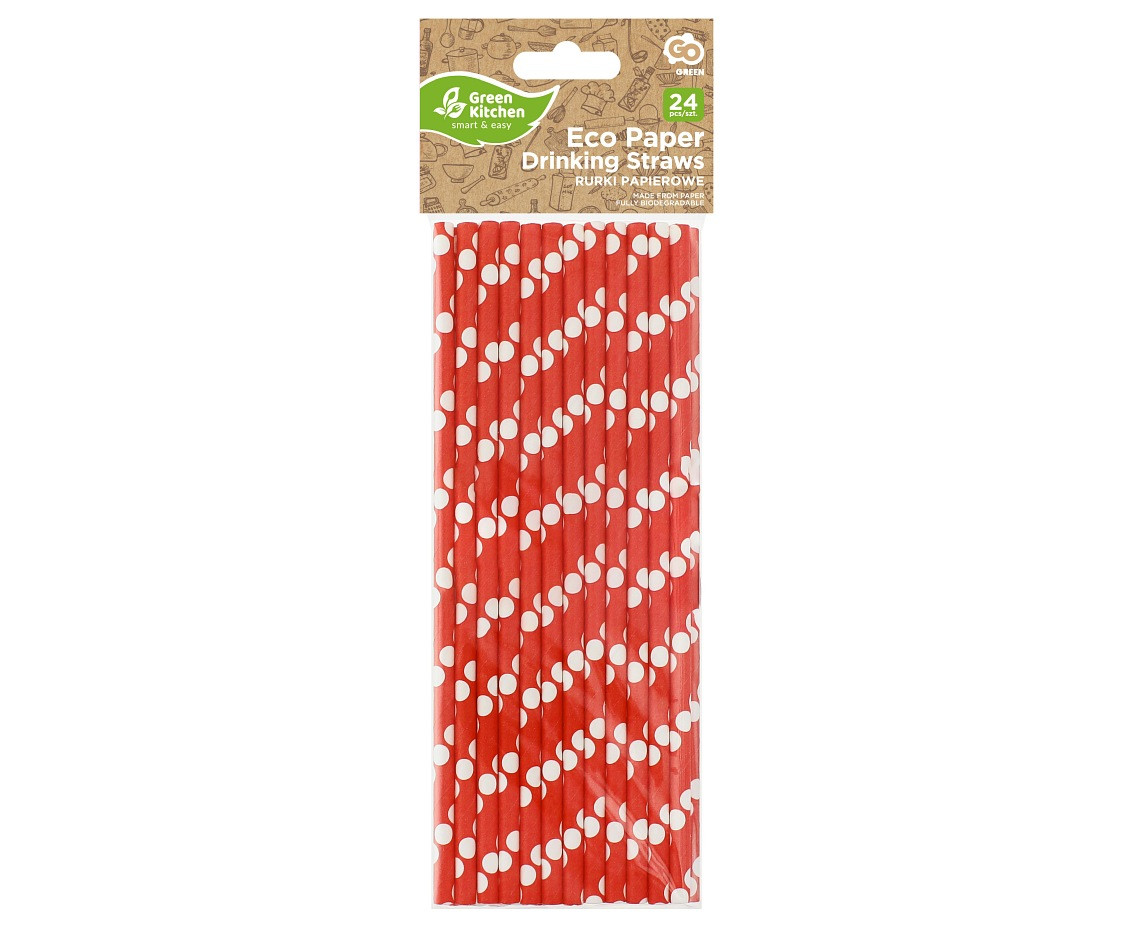 Paper drinking straws, red, polka dots, 6x197mm / 24 pcs