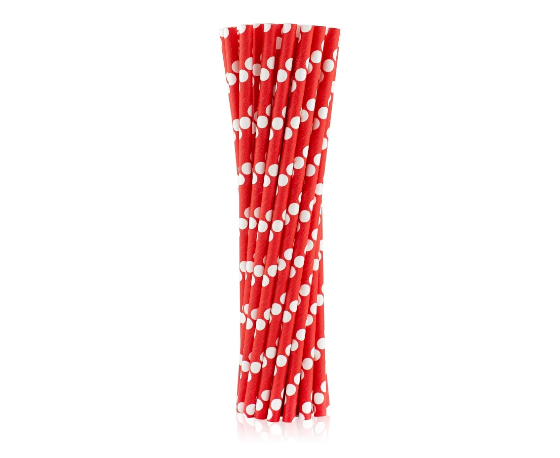 Paper drinking straws, red, polka dots, 6x197mm / 24 pcs