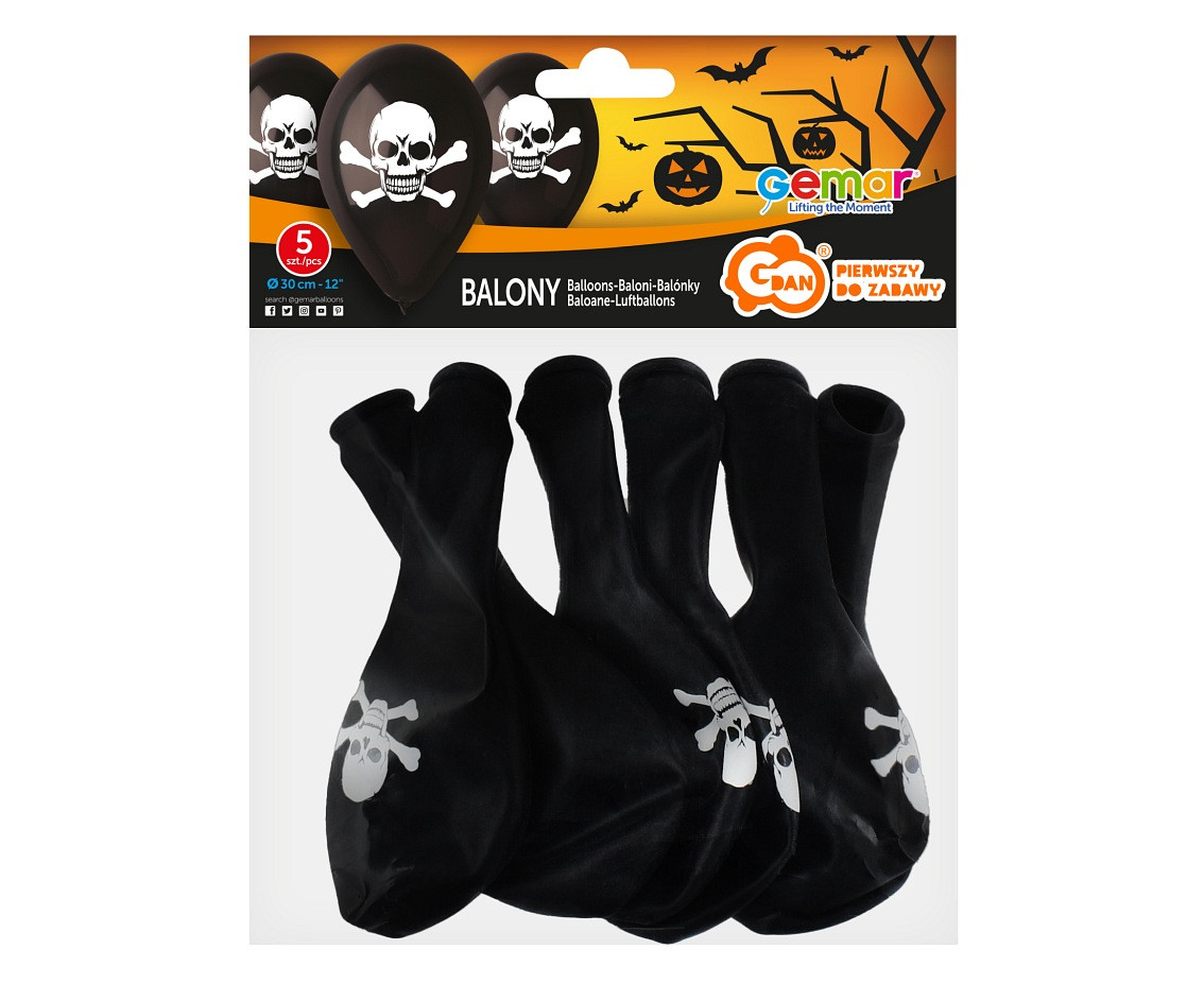 Balloons Gemar 12", pastel premium balloon skull, black, 5pcs EOL