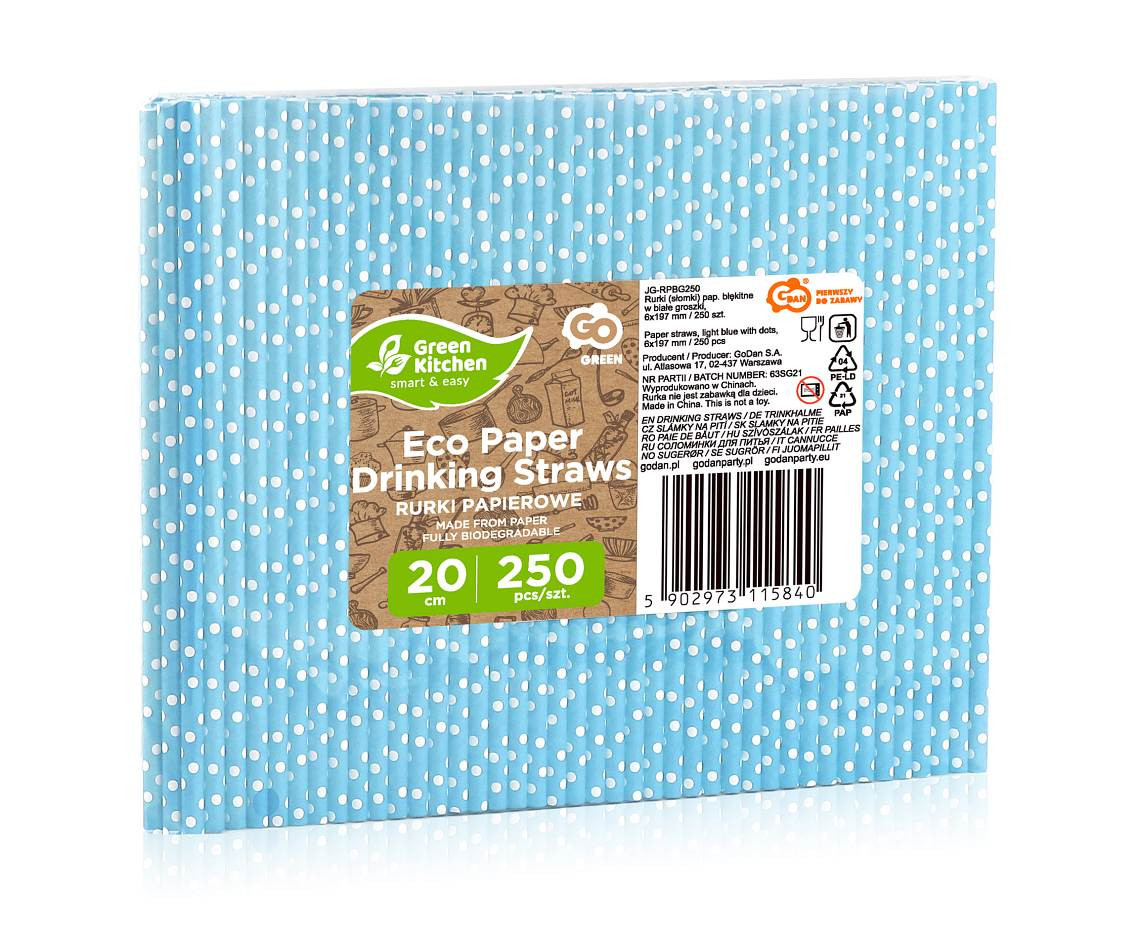 Paper straws, light blue with dots, 6x197 mm / 250 pcs. EOL