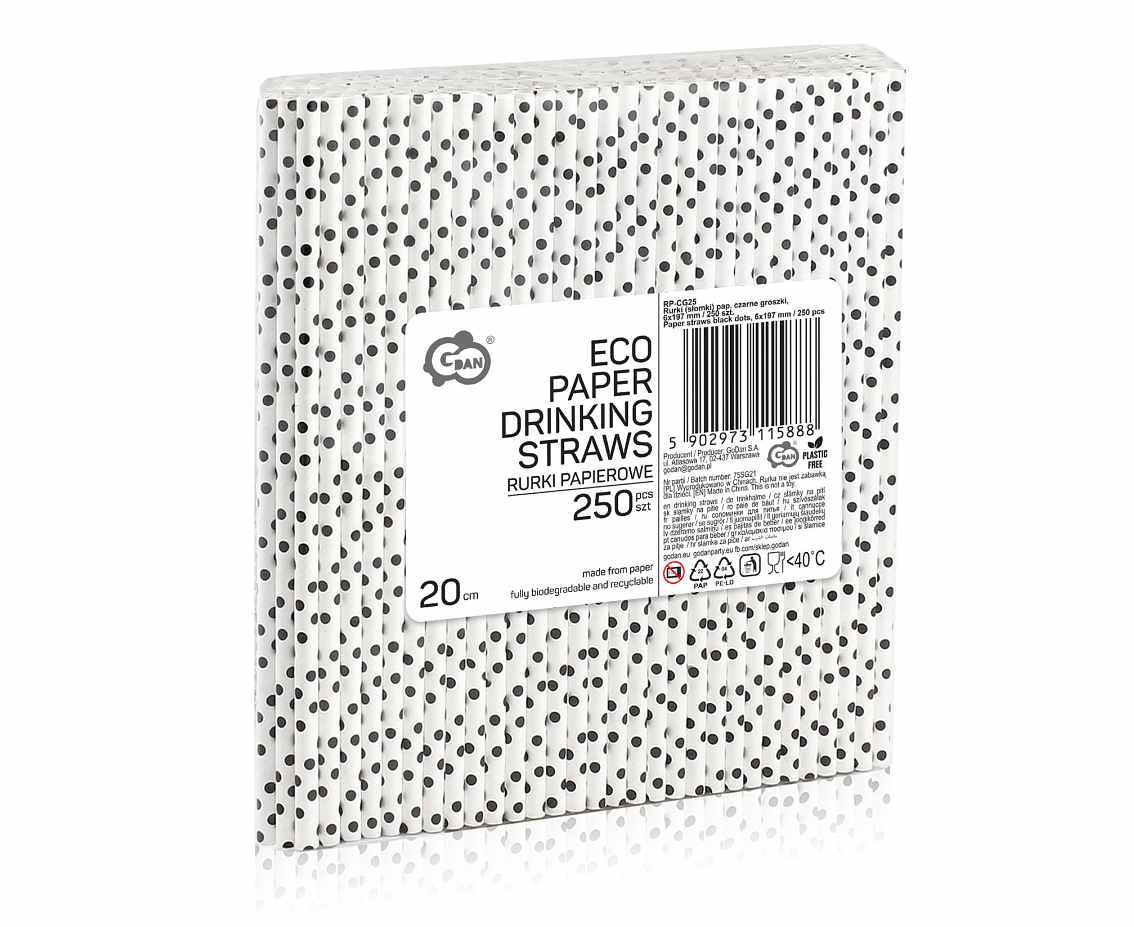 Paper straws black dots, 6x197 mm / 250 pcs