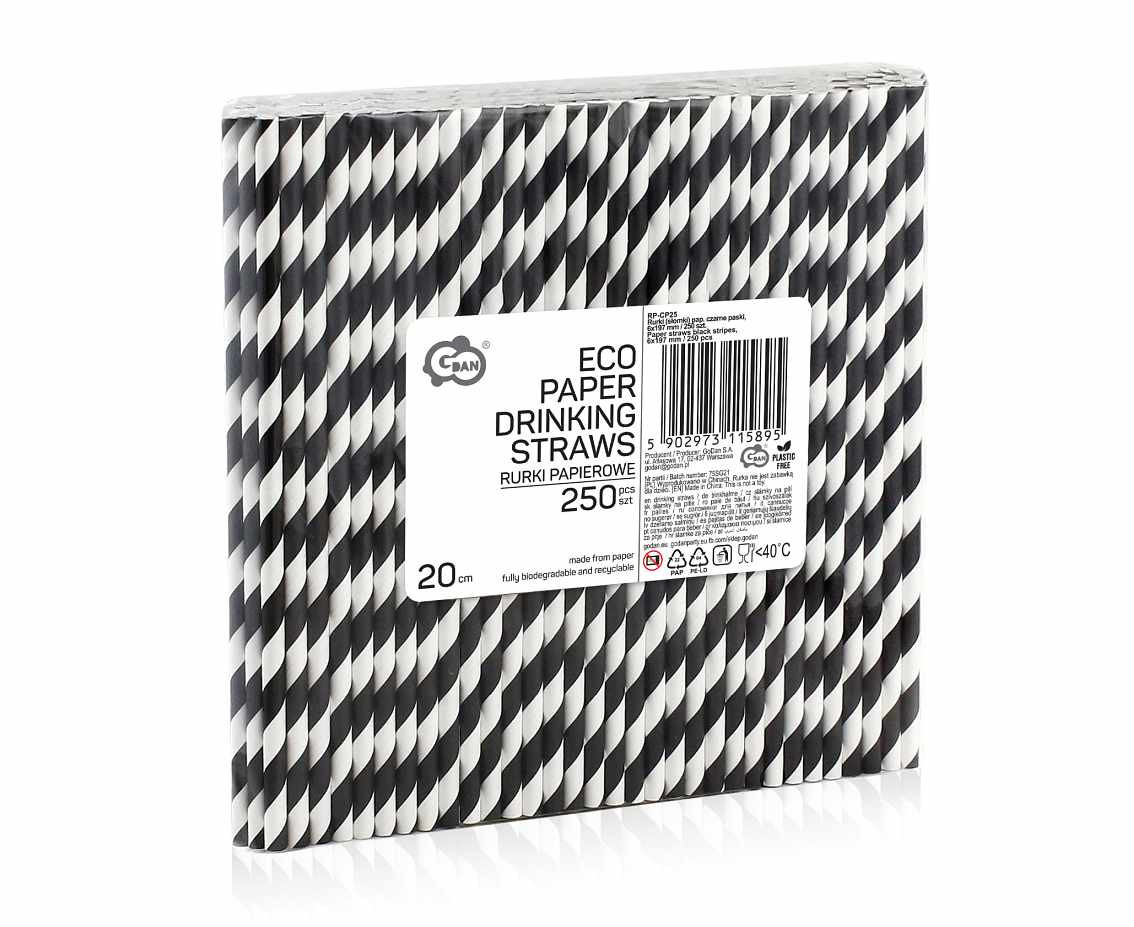 Paper straws black stripes, 6x197 mm / 250 pcs