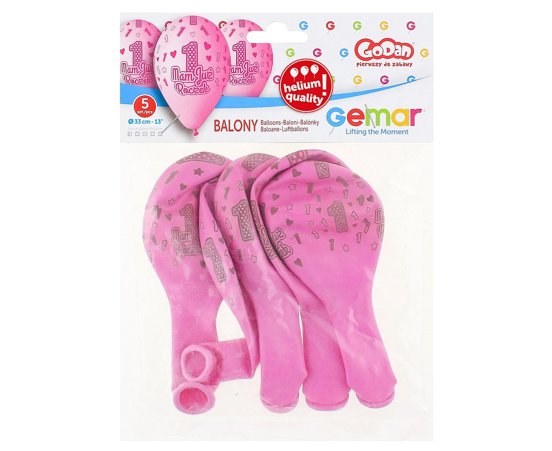 Balloons Gemar 13", premium helium "mam już roczek", pink, 5pcs EOL