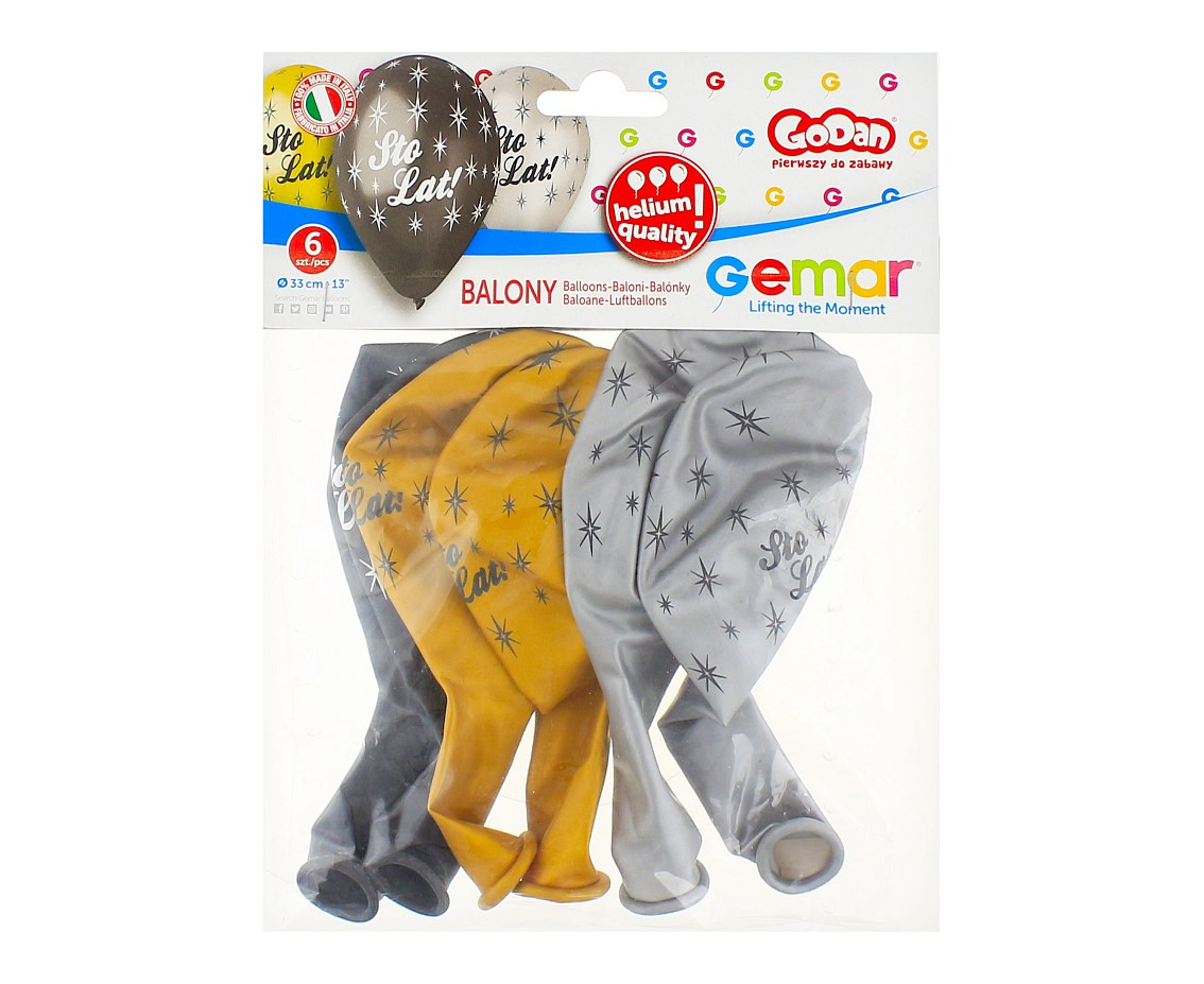 Balloons Gemar 13", premium helium metallic sto lat, metallic, 6pcs