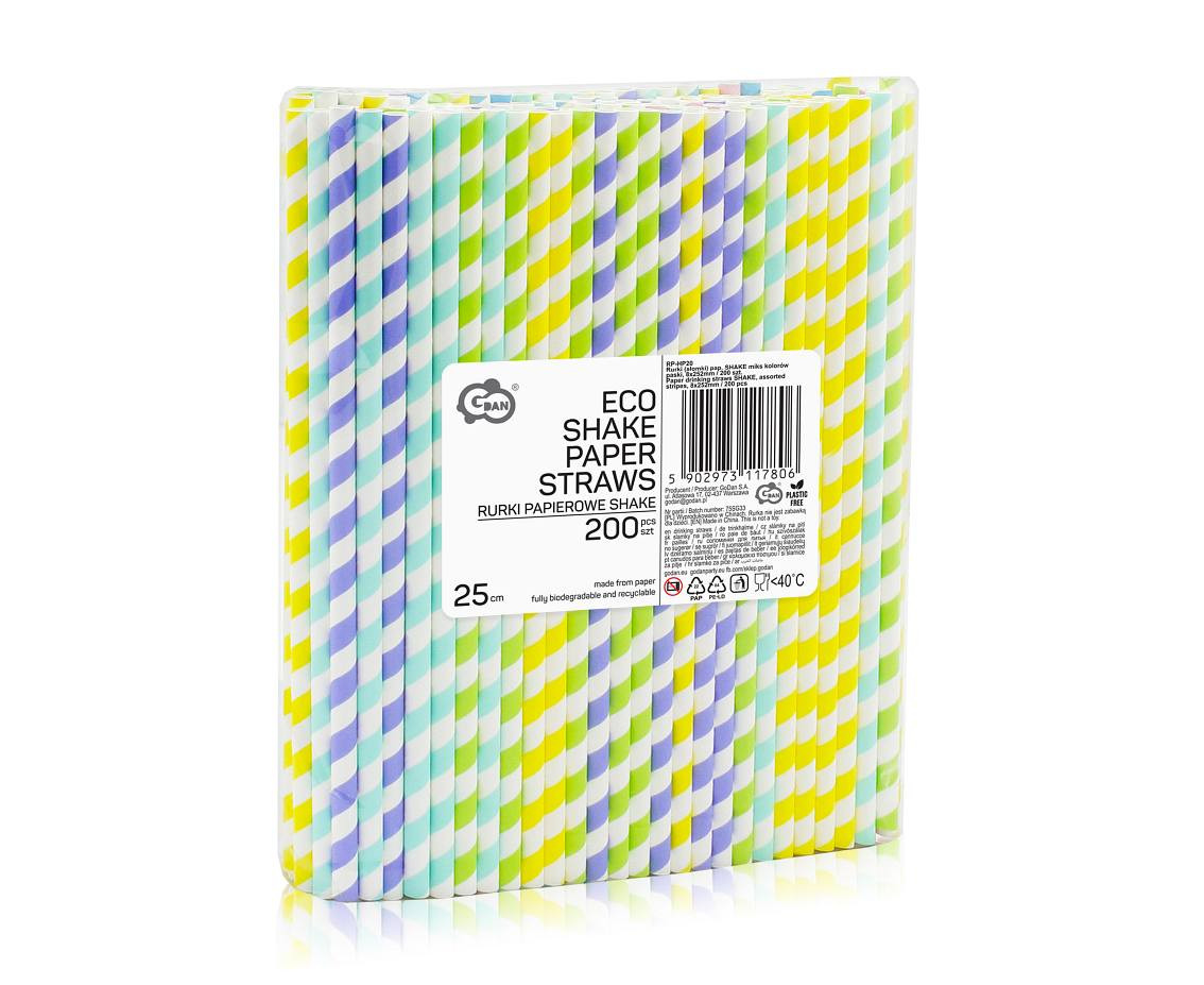 Paper drinking straws SHAKE, assorted stripes, 8x252mm / 200 pcs