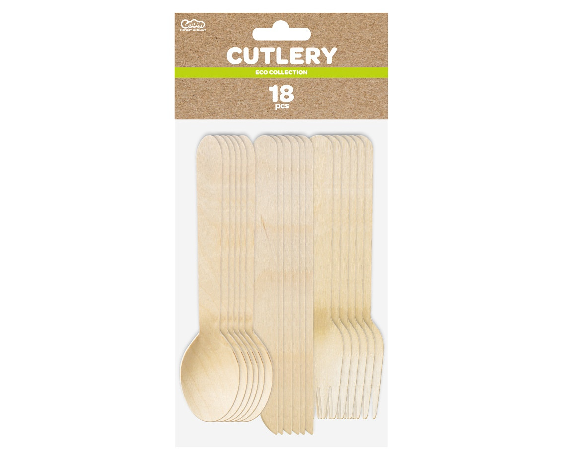Eco-friendly collection Wooden Cutlery, (forks, knives, spoons), 18 pcs.