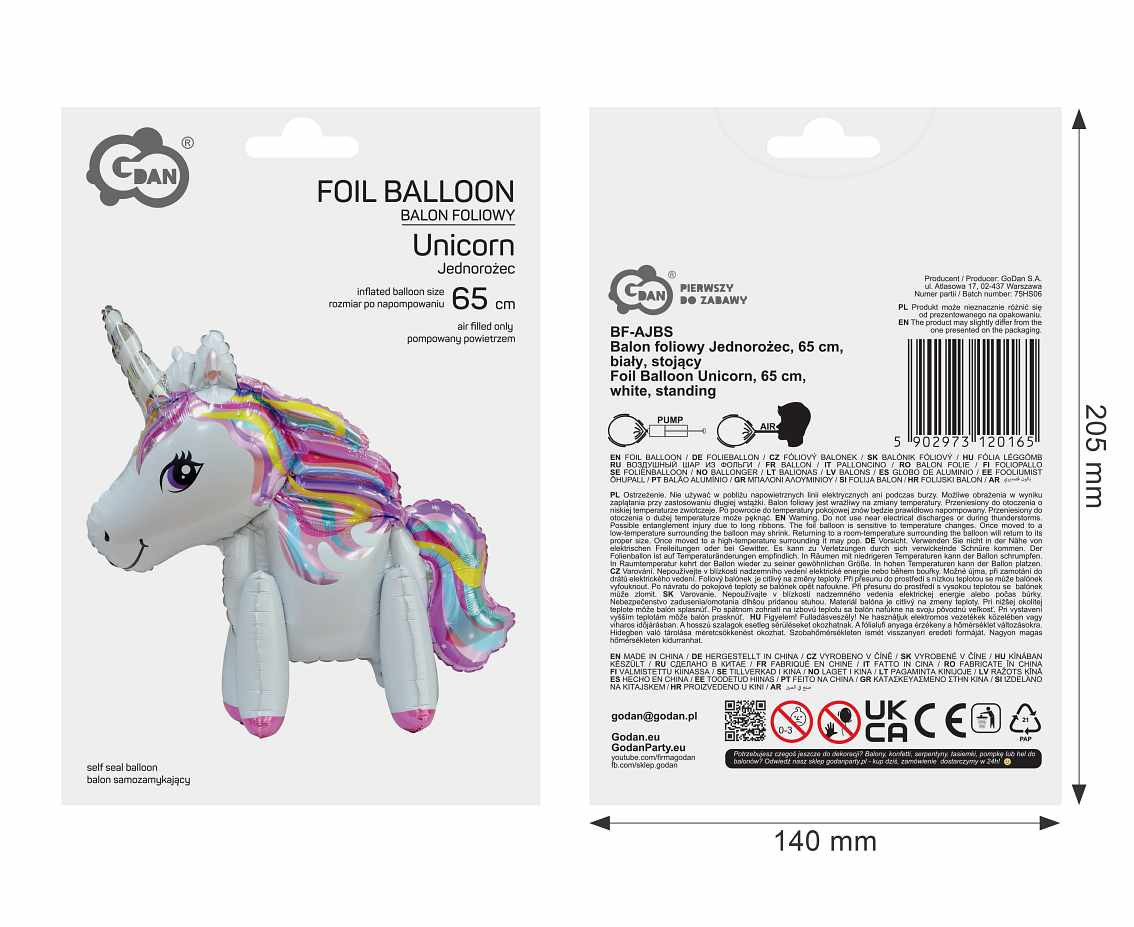 Foil Balloon Unicorn, 65 cm, white, standing
