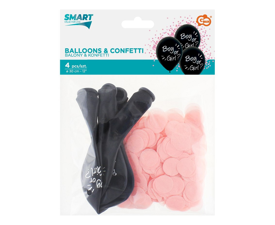 Helium formula balloons Boy or Girl, pink confetti, 12", 4 pcs.