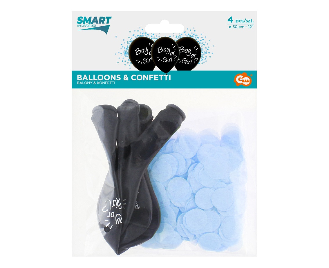 Boy or Girl balloons, blue confetti, 12", 4 pcs.