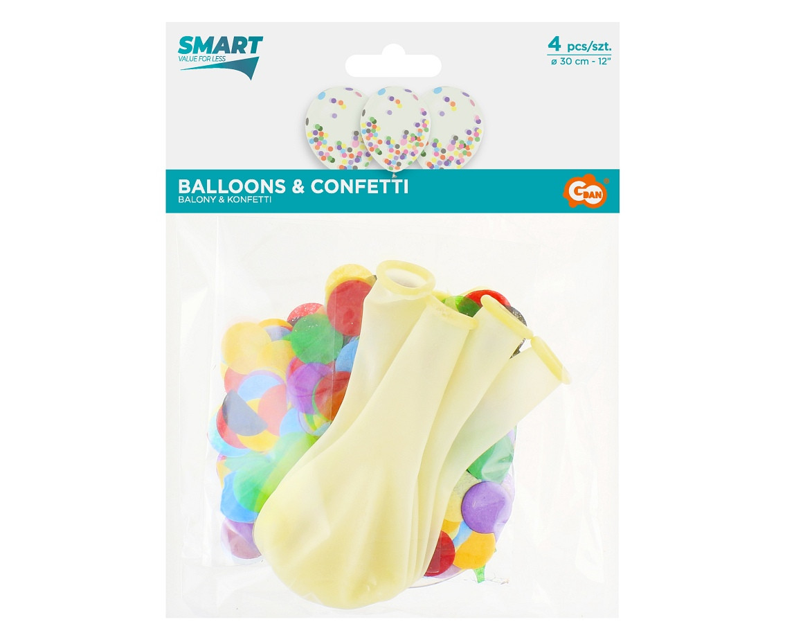 Helium formula balloons, transparent, assorted confetti, 12", 4 pcs. EOL