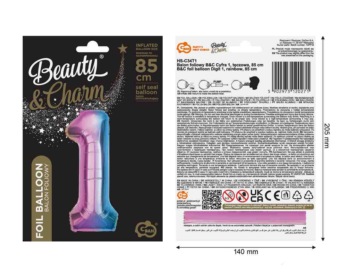 Foil balloon number 1, rainbow, 85 cm