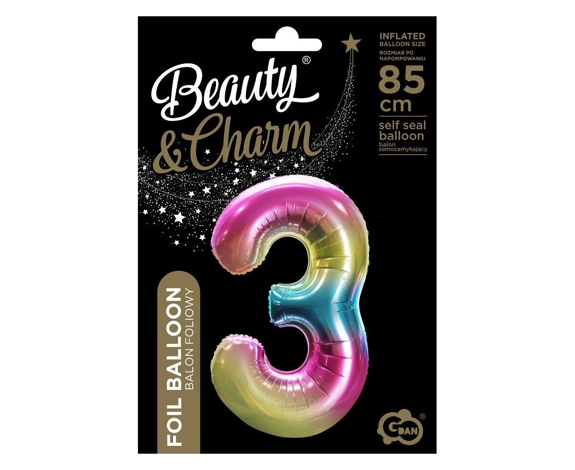 Foil balloon number 3, rainbow, 85 cm