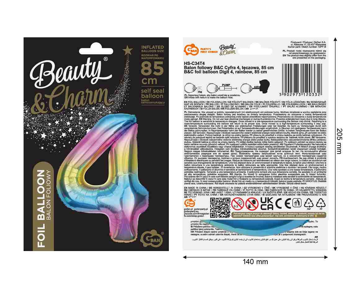 Foil balloon number 4, rainbow, 85 cm