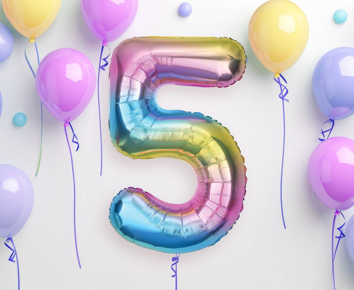 Foil balloon number 5, rainbow, 85 cm
