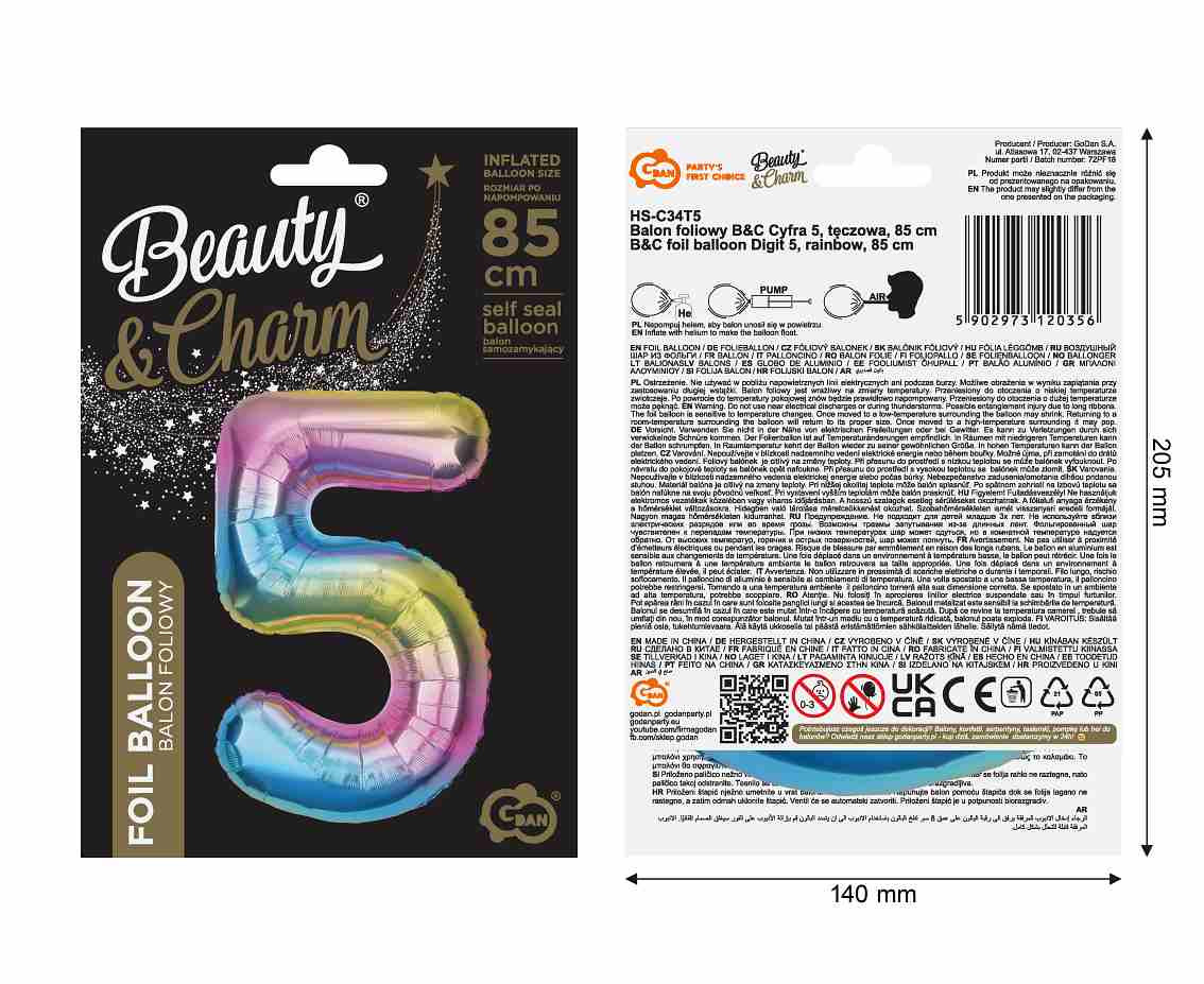 Foil balloon number 5, rainbow, 85 cm