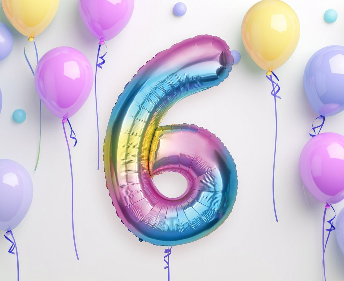 Foil balloon number 6, rainbow, 85 cm