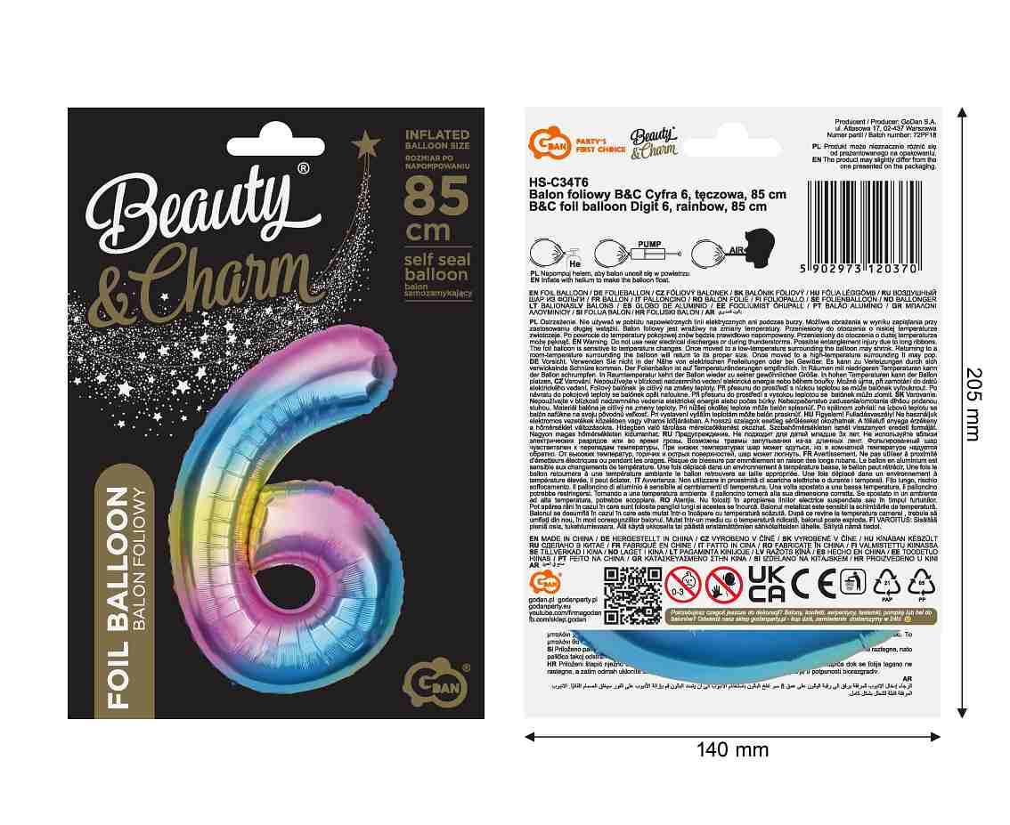 Foil balloon number 6, rainbow, 85 cm