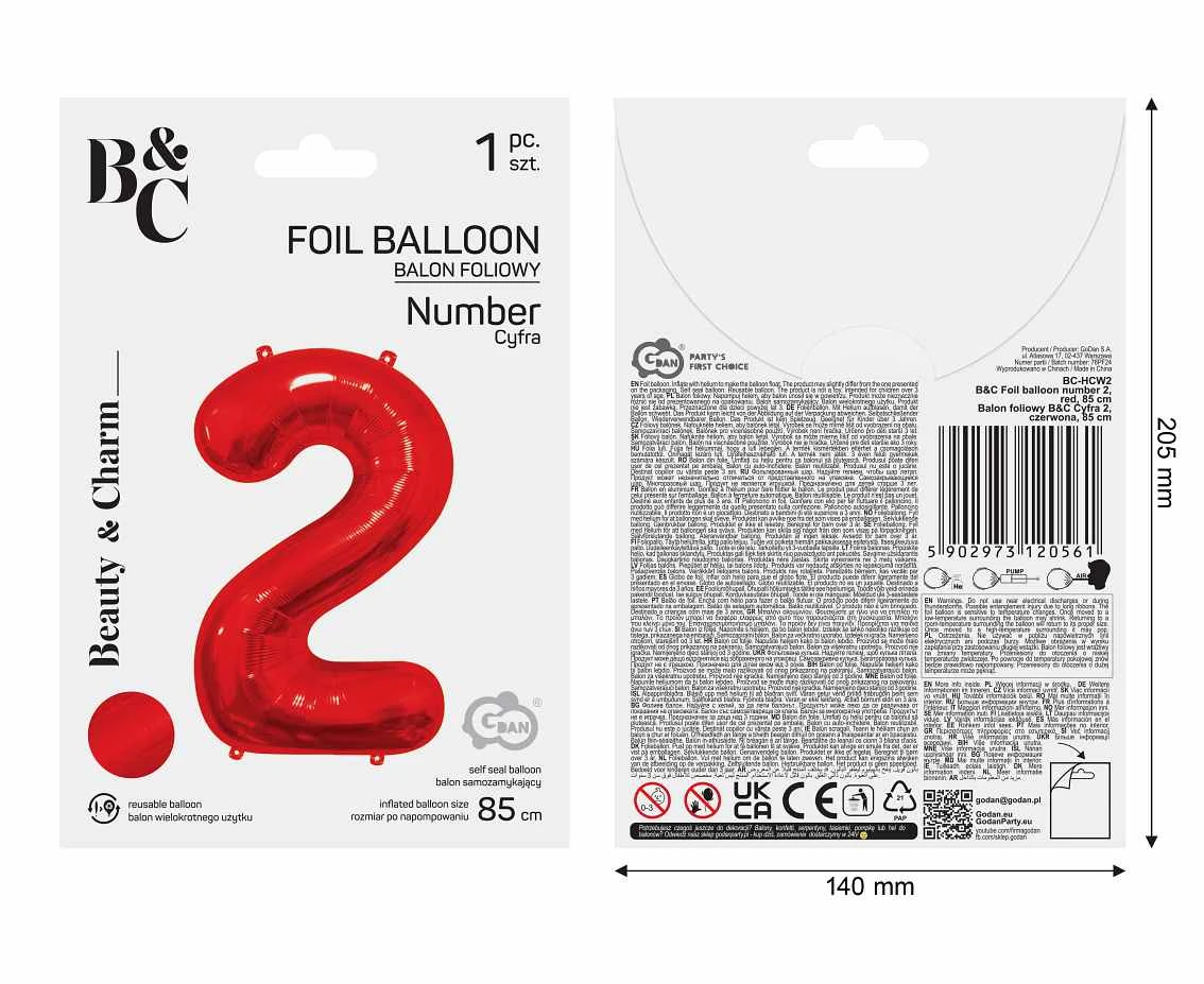 Foil balloon number 2, red, 85 cm