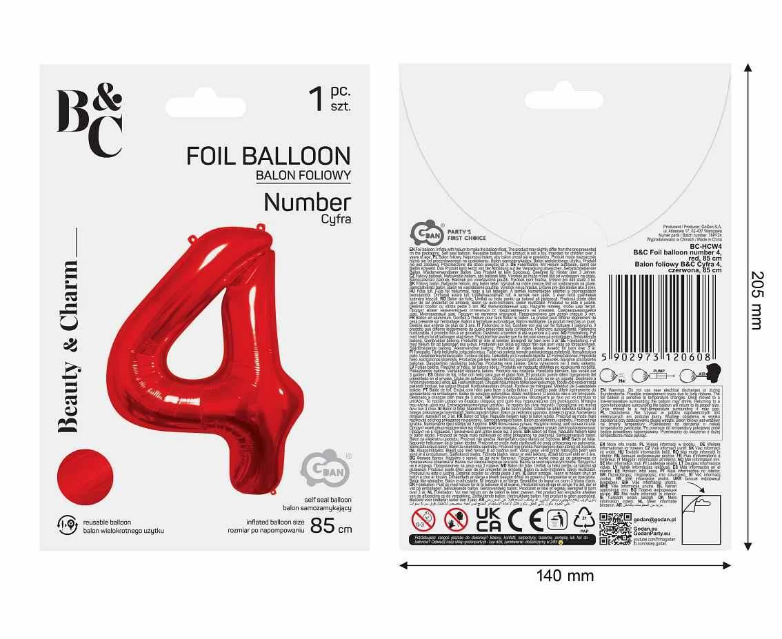 Foil balloon number 4, red, 85 cm
