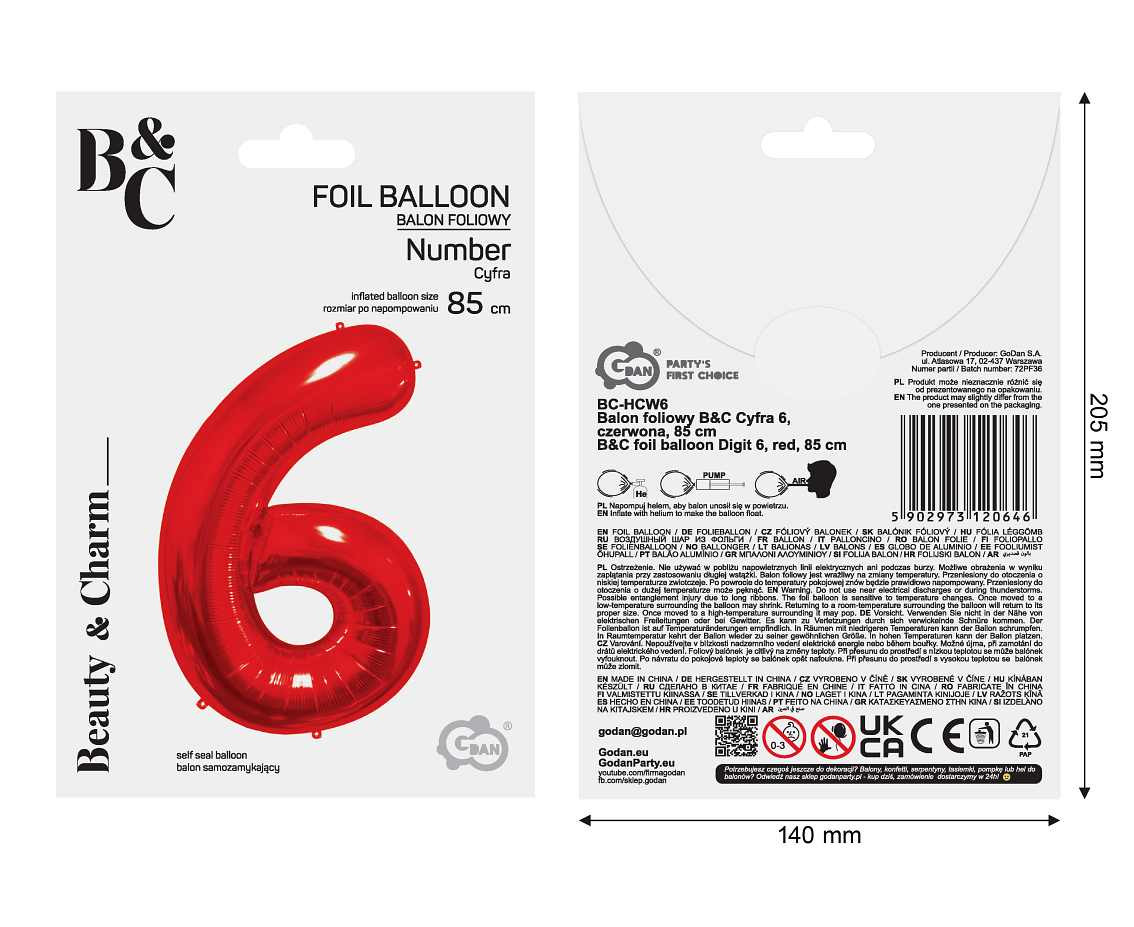 Foil balloon number 6, red, 85 cm