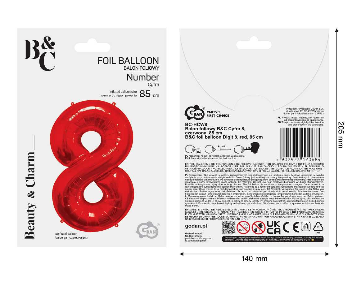 Foil balloon number 8, red, 85 cm