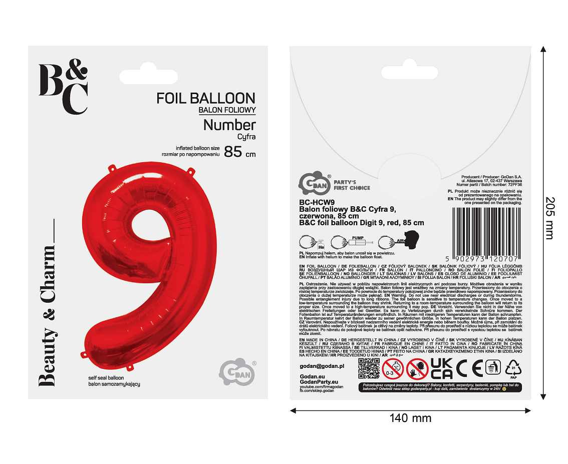 Foil balloon number 9, red, 85 cm