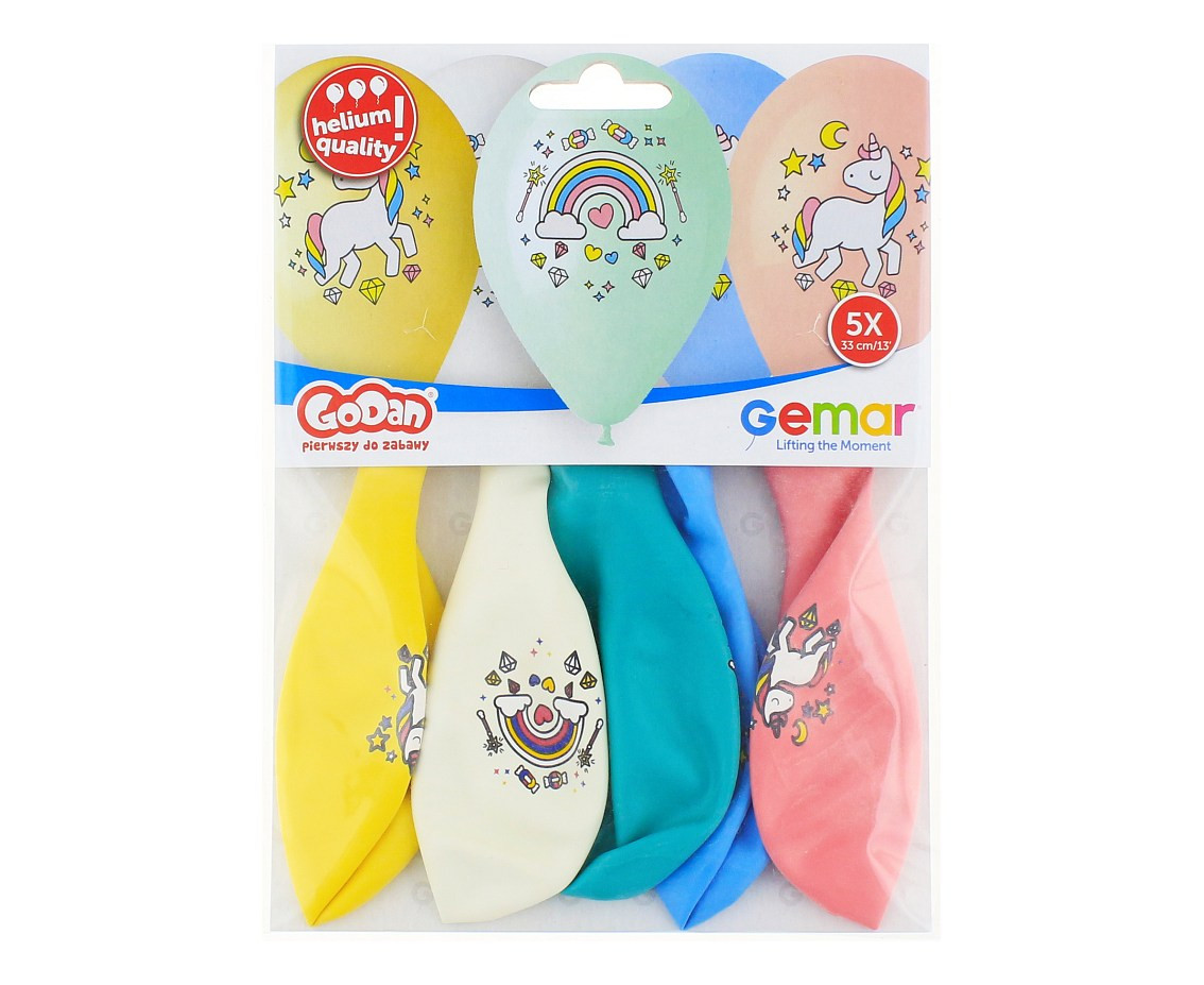 Balloons Gemar 13", pastel premium helium unicorn and rainbow, 5pcs
