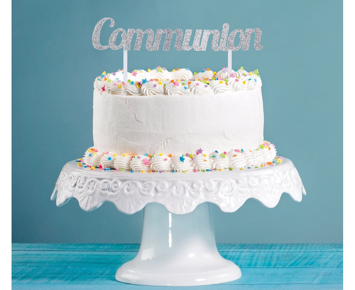 Religious cake topper Communion, glitter silver