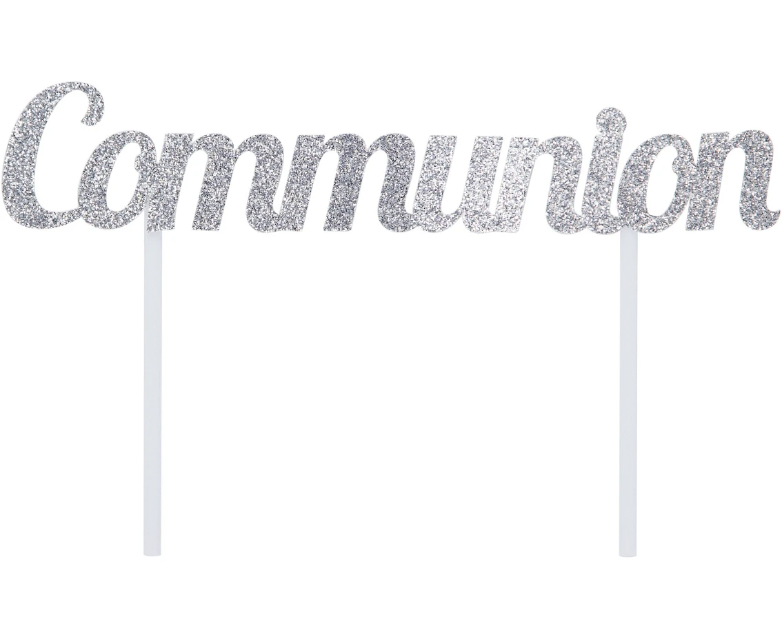 Religious cake topper Communion, glitter silver