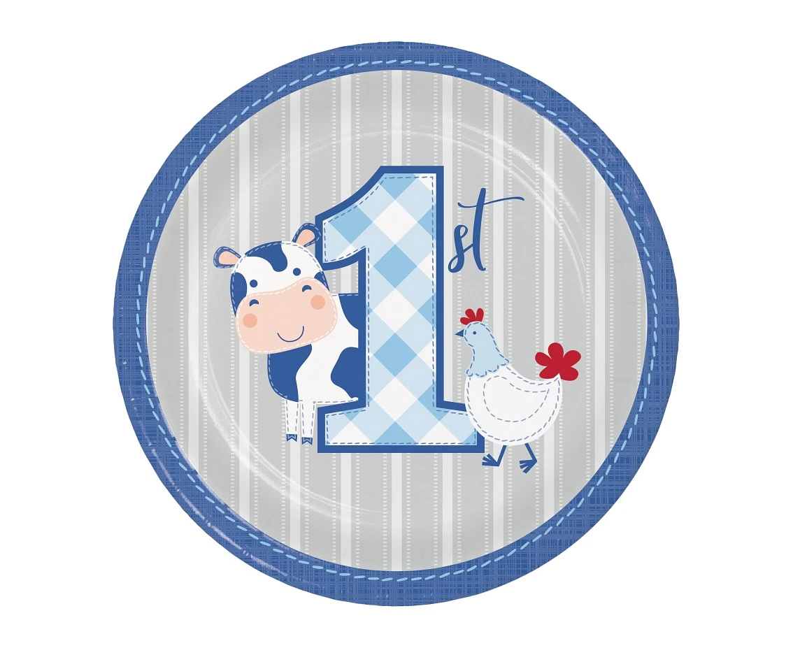 Paper plates Farmhouse 1 st birthday, blue, 18 cm, 8 pcs