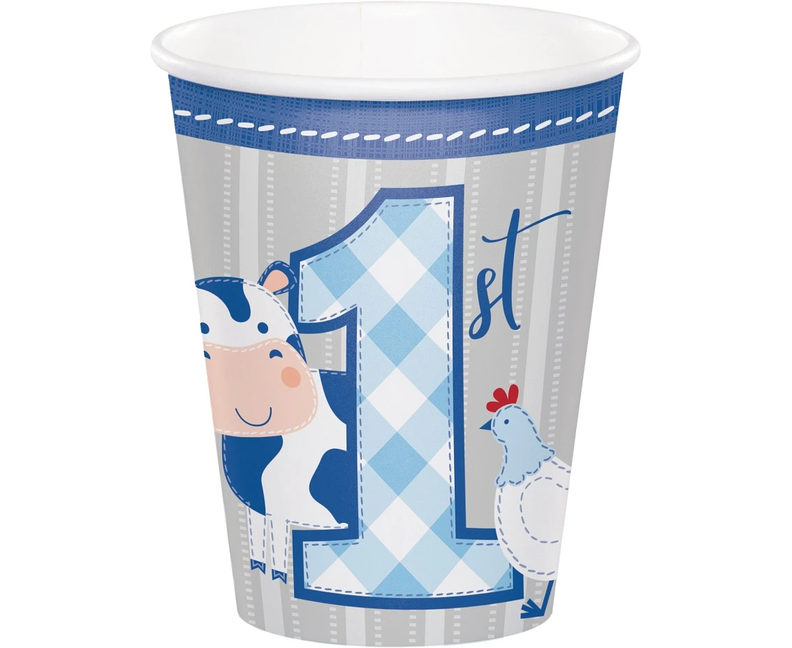 Paper cups Farmhouse 1 st birthday, blue, 266 ml, 8 pcs