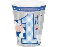 Paper cups Farmhouse 1 st birthday, blue, 266 ml, 8 pcs