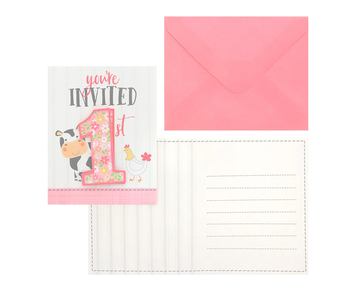 Invitations Farmhouse 1 st birthday, pink, 8 pcs