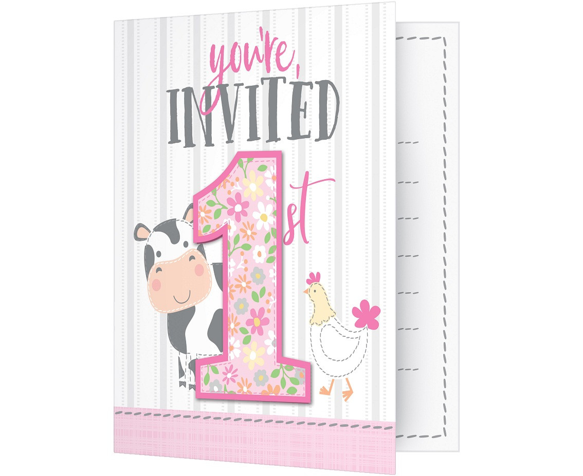 Invitations Farmhouse 1 st birthday, pink, 8 pcs