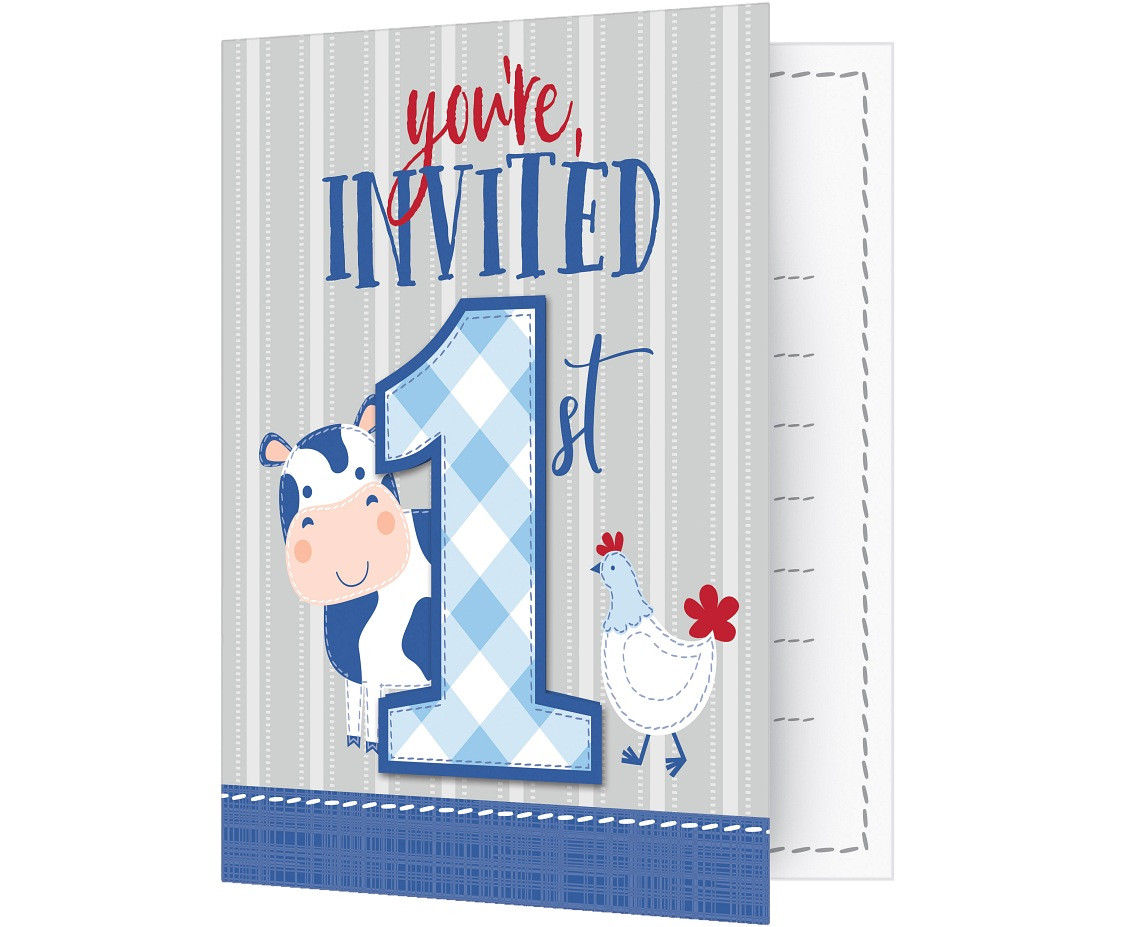 Invitations Farmhouse 1 st birthday, blue, 8 pcs