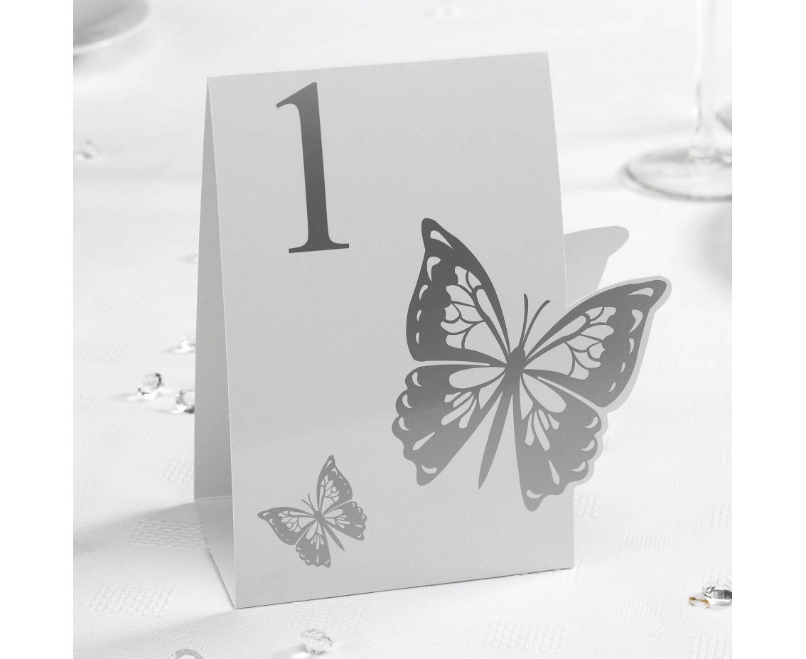 Table numbers Elegant Butterfly, white-silver, 12 pcs