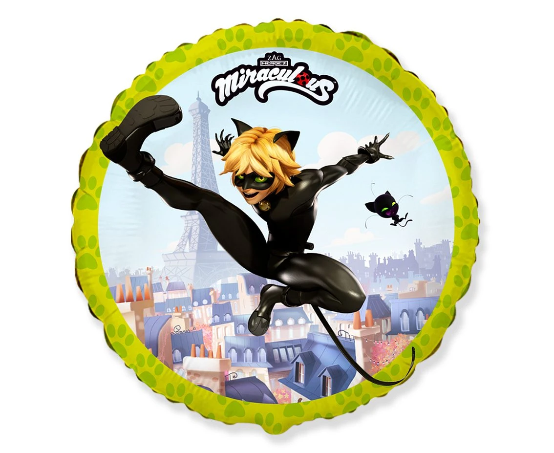 Foil balloon 18" FX - Miraculous - Cat Noir (round),  unpacked (flat)