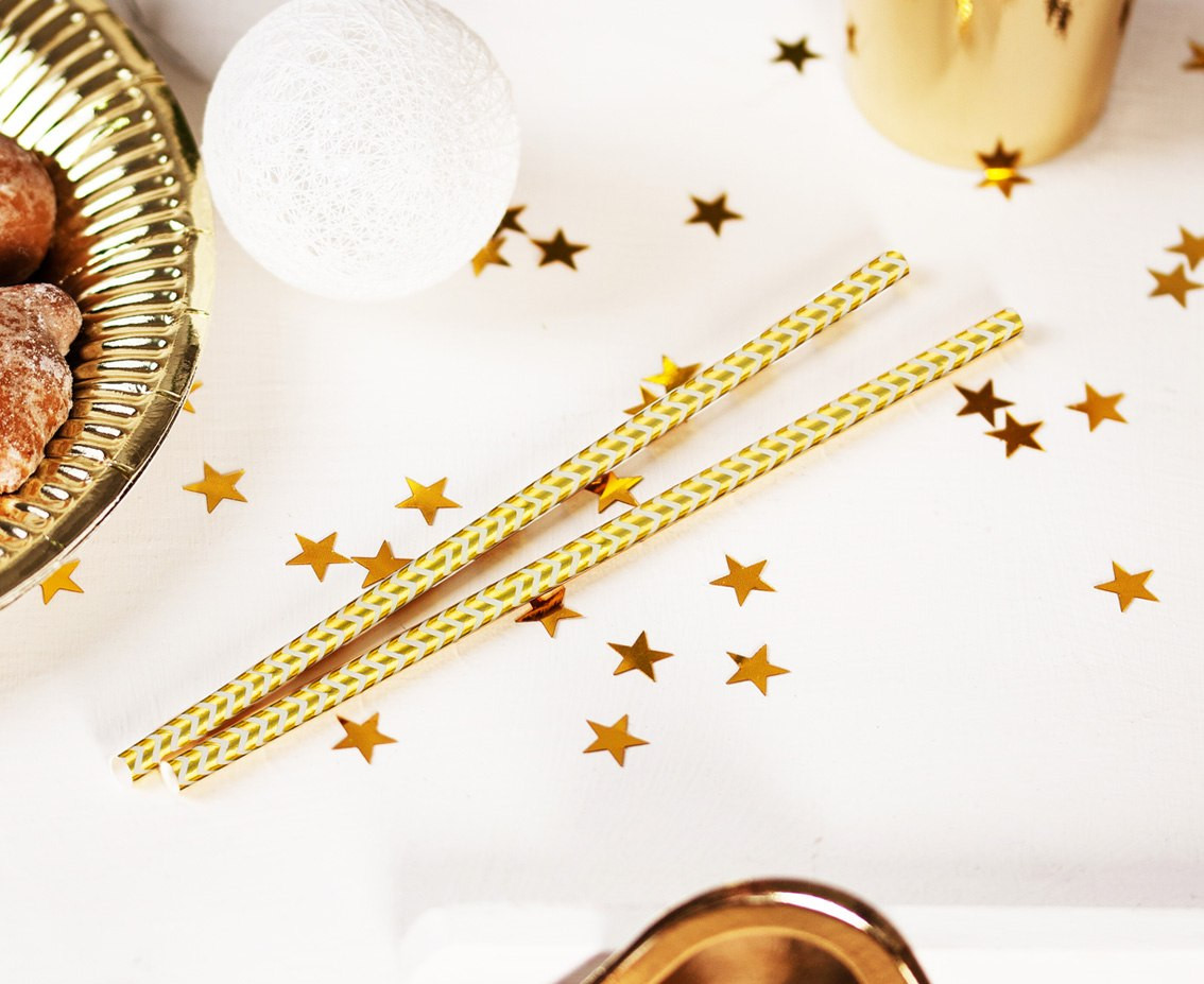 Drinking paper straws, gold chevron, 6x197 mm / 12 pcs EOL